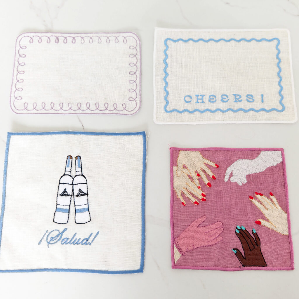 100% Linen Cocktail Napkins Custom Logo Handmade Embroidered Color Contrast Scallop Edged Reusable for Home Parties