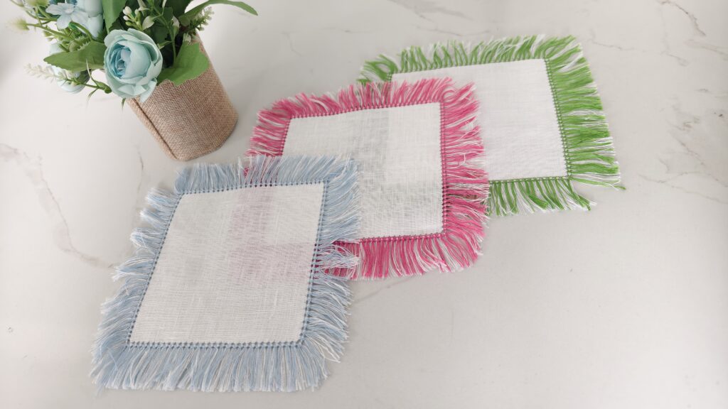 100% Linen Cocktail Napkins with Fringe Edge Handmade Embroidered Color Contrast Reusable for Home Parties Custom Logo