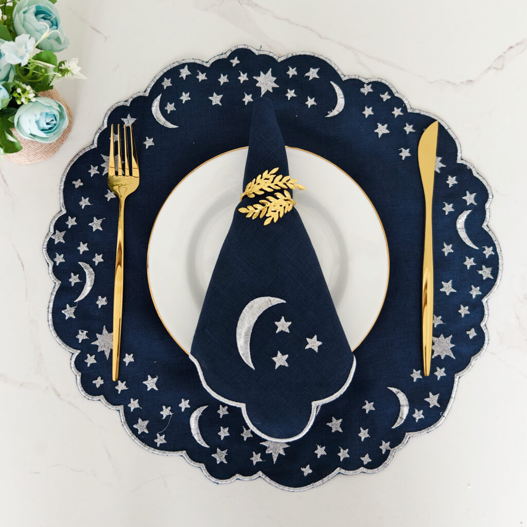 Luxury 100% Linen Napkins Placemat Handmade Custom Metallic Scalloped Weddings Accessories High Quality