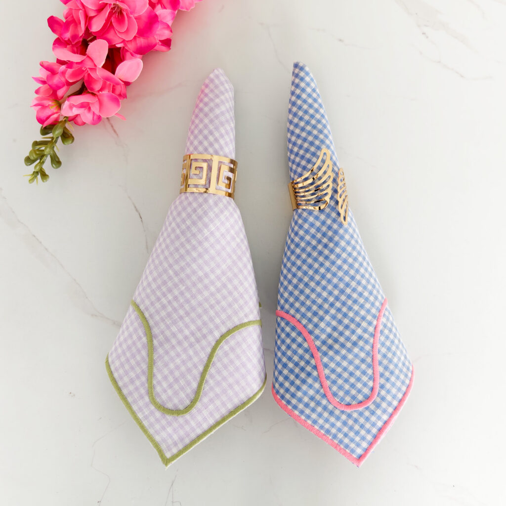 Gingham 100% Linen Napkin Handmade Embroidered Scallop Design Luxury & Reusable Cloth Napkins for Home or Weddings
