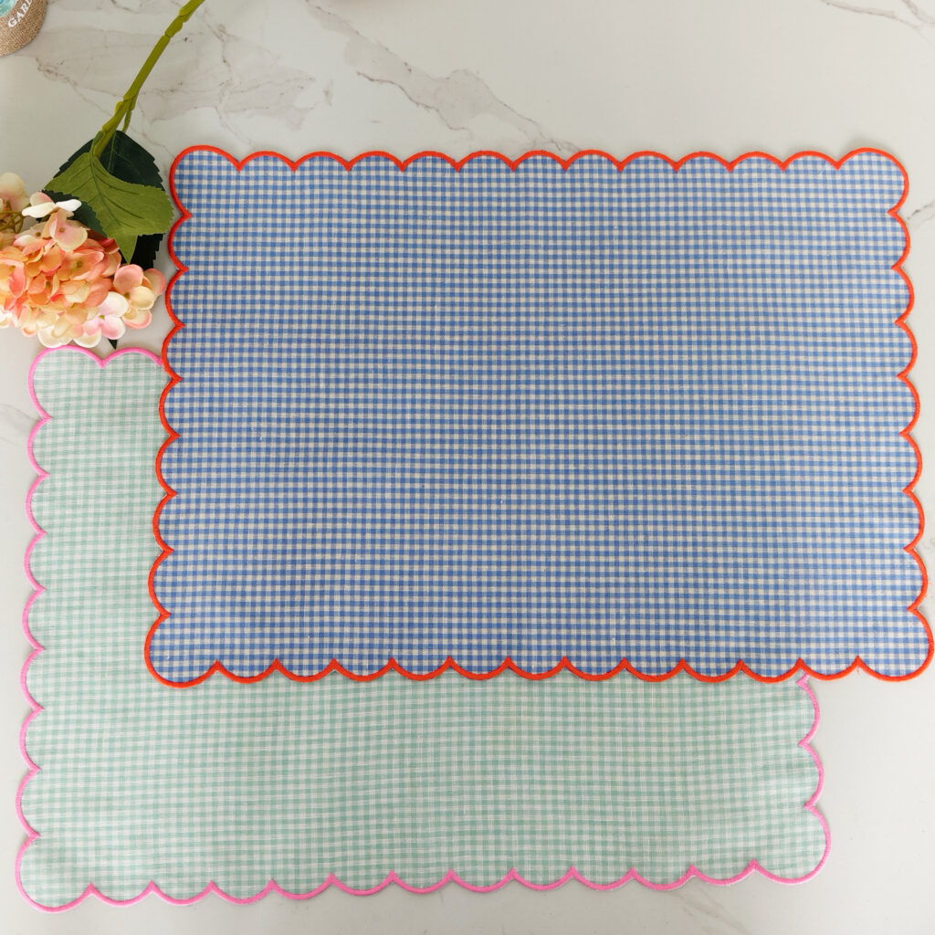 100% OEKO-TEX Certified Linen Placemat Gingham Embroidered Scallop Edge Classic Rectangle Design Handmade Rectangle for Home