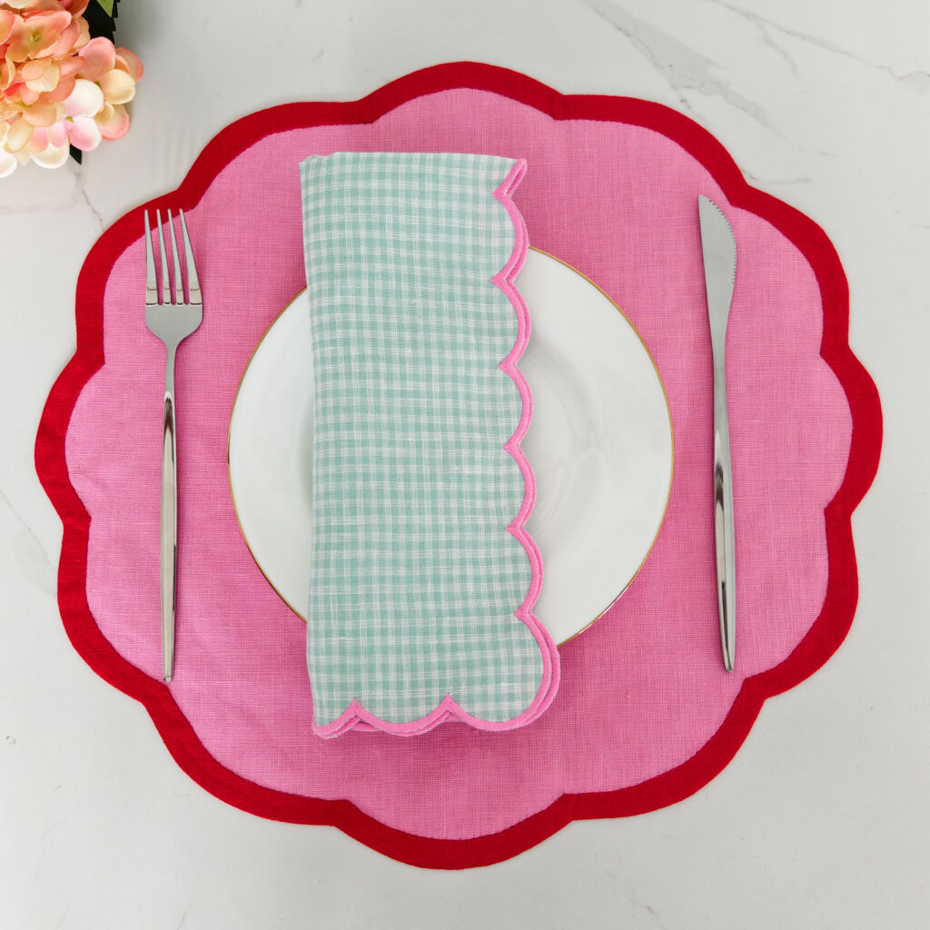 Round Double Contrast Fabric Cloth Scallop Edge Placemat 100% Linen Classic Custom Design Pattern for Home Party Wedding