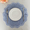 Blue Gingham 100% Linen round Placemat OEKO-TEX Certified Embroidered with Double Scalloped Edge for Home Dining Table Wholesale