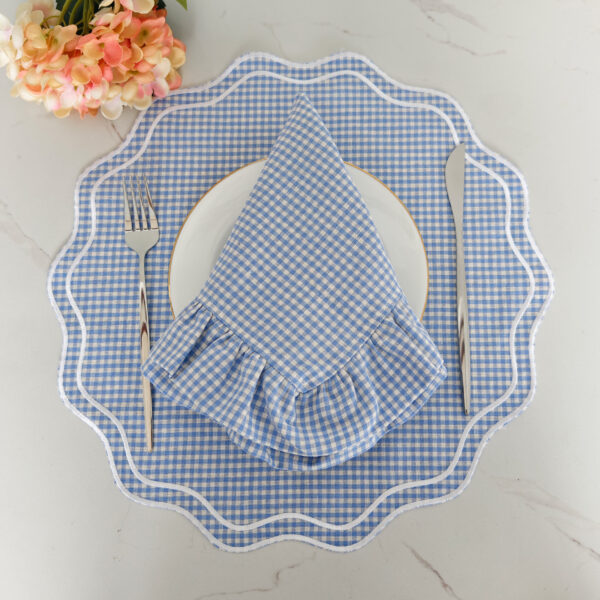 Blue Gingham 100% Linen round Placemat OEKO-TEX Certified Embroidered with Double Scalloped Edge for Home Dining Table Wholesale