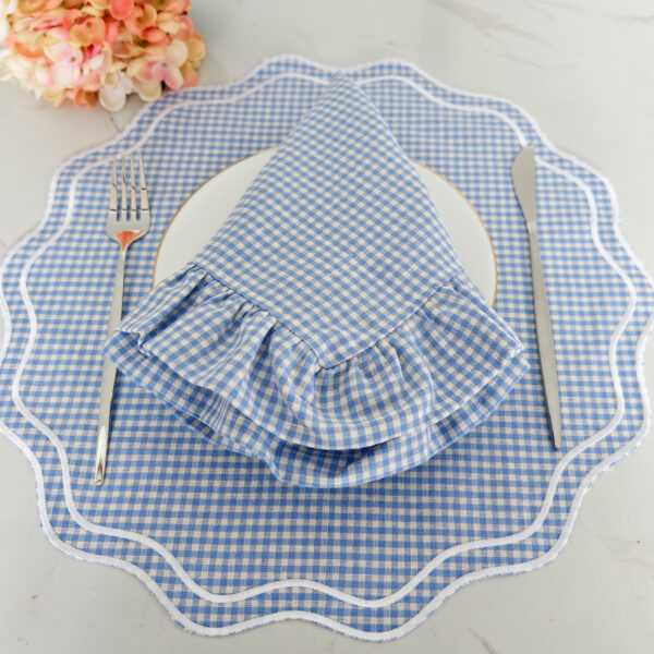 Blue Gingham 100% Linen round Placemat OEKO-TEX Certified Embroidered with Double Scalloped Edge for Home Dining Table Wholesale