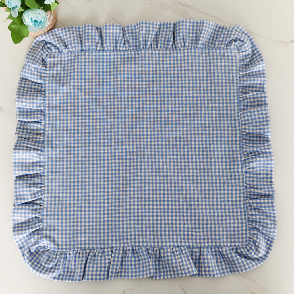 Handmade 100% Linen Ruffle Blue Gingham Napkin Luxury Embroidered Reusable Napkin for Home and Weddings