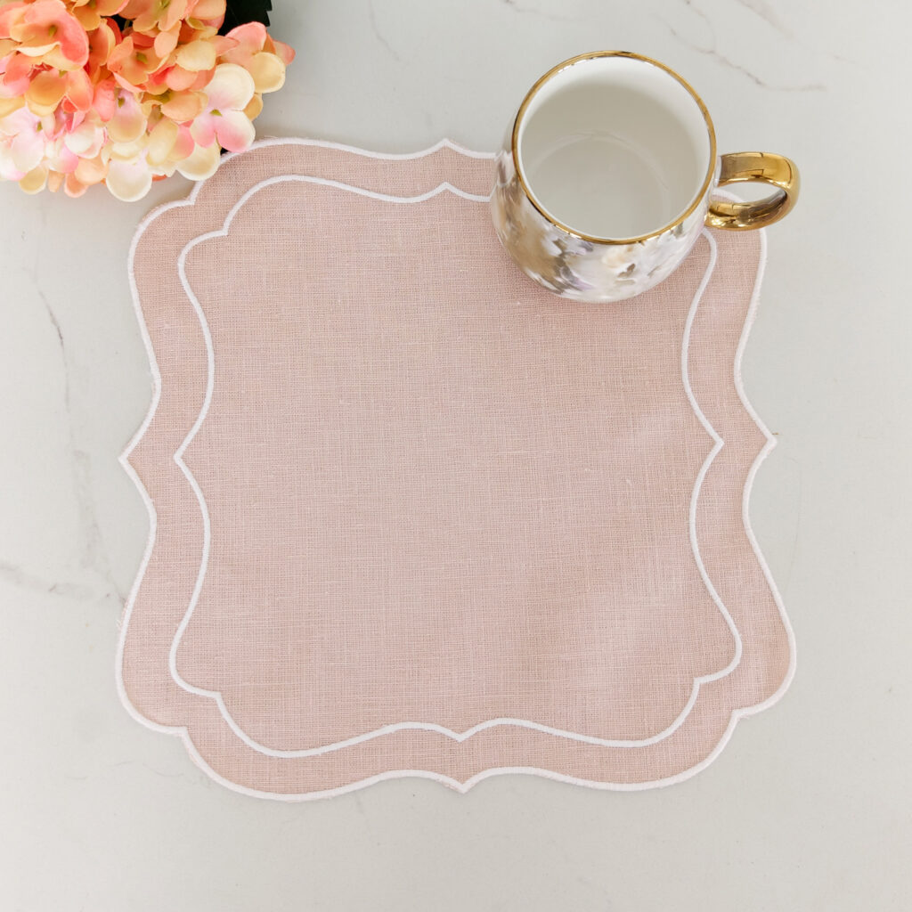 Arabesque Linen Napkin 100% Reusable Luxury Hand Embroidered Scallop Design Cloth Napkins for Home or Weddings