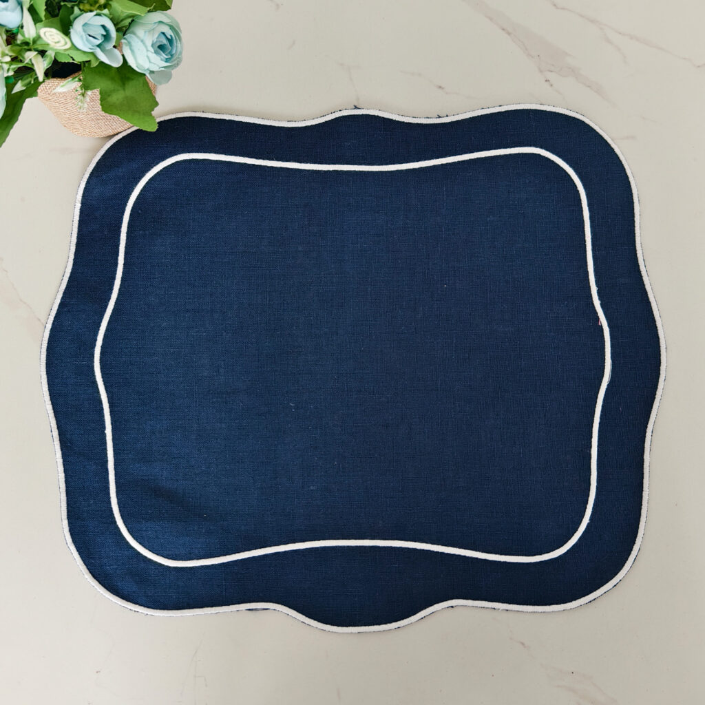 Navy High Quality 100% Linen Flax Luxury Style Handmade Embroidered Napkins & Placemat Reusable for Home Use & Weddings