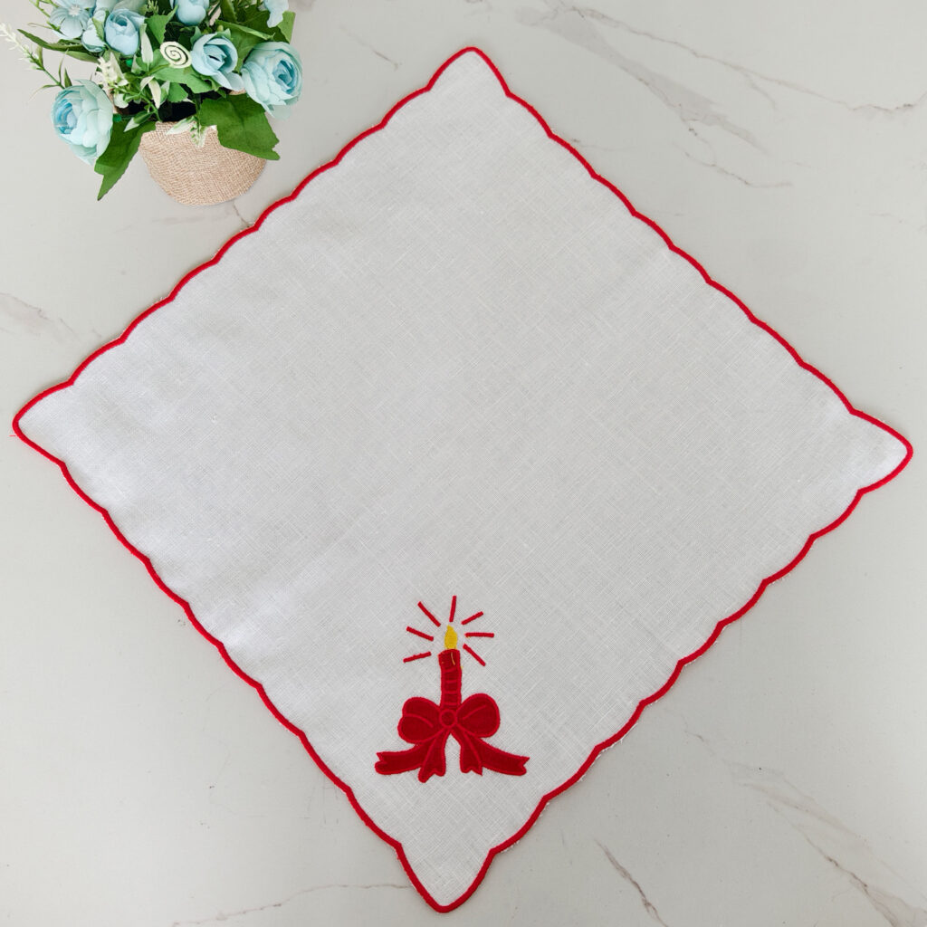 Red Ribbon Bow Design Embroidered 100% Linen Luxury Napkin Handmade Customized Scallop for Reusable Home Weddings