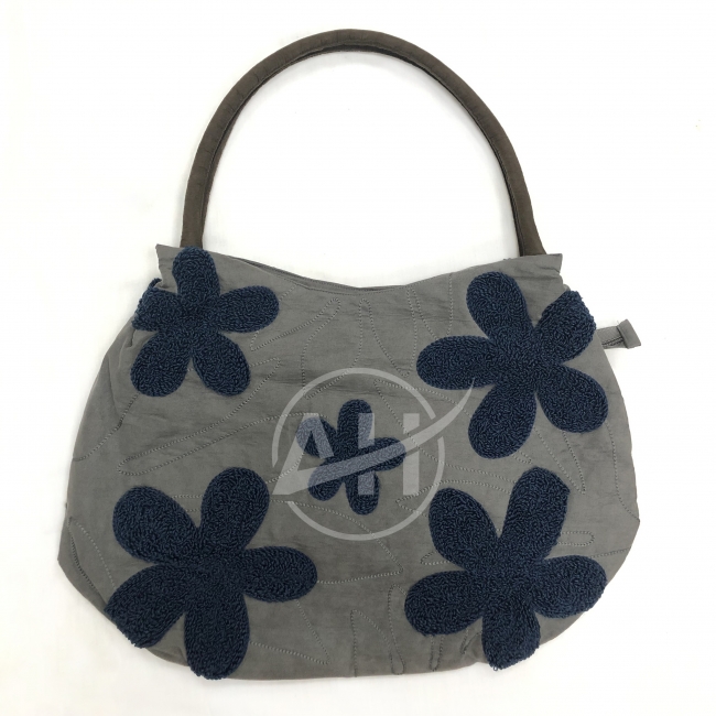 Big Flower Chenille Embroidered Grey Suede Shoulder Bag