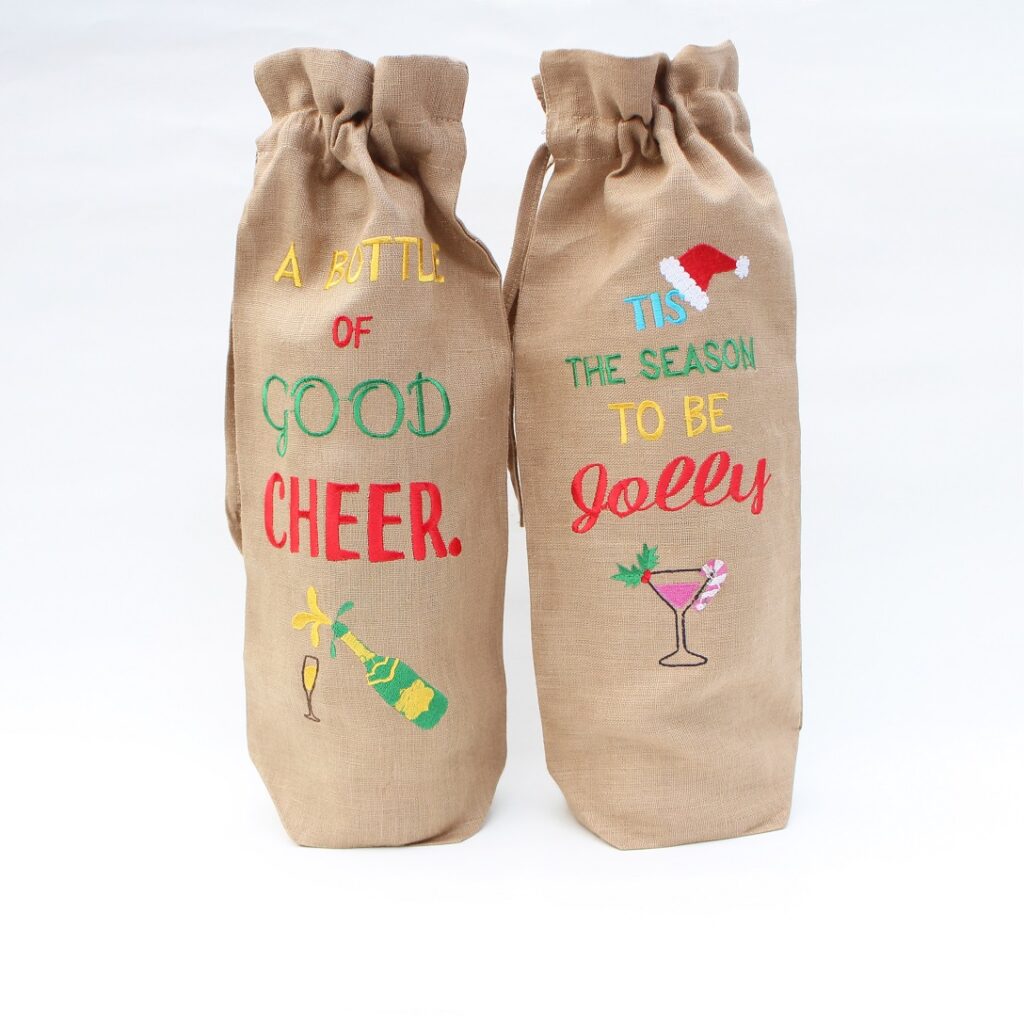 Brown linen wine tote bag with embroidery