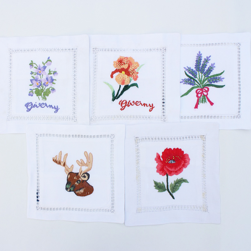 Flowers hand embroidered hemstitched cocktail napkins