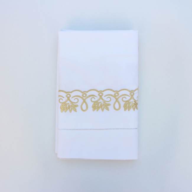 Hand embroidery pillowcase with hemstitch in gold