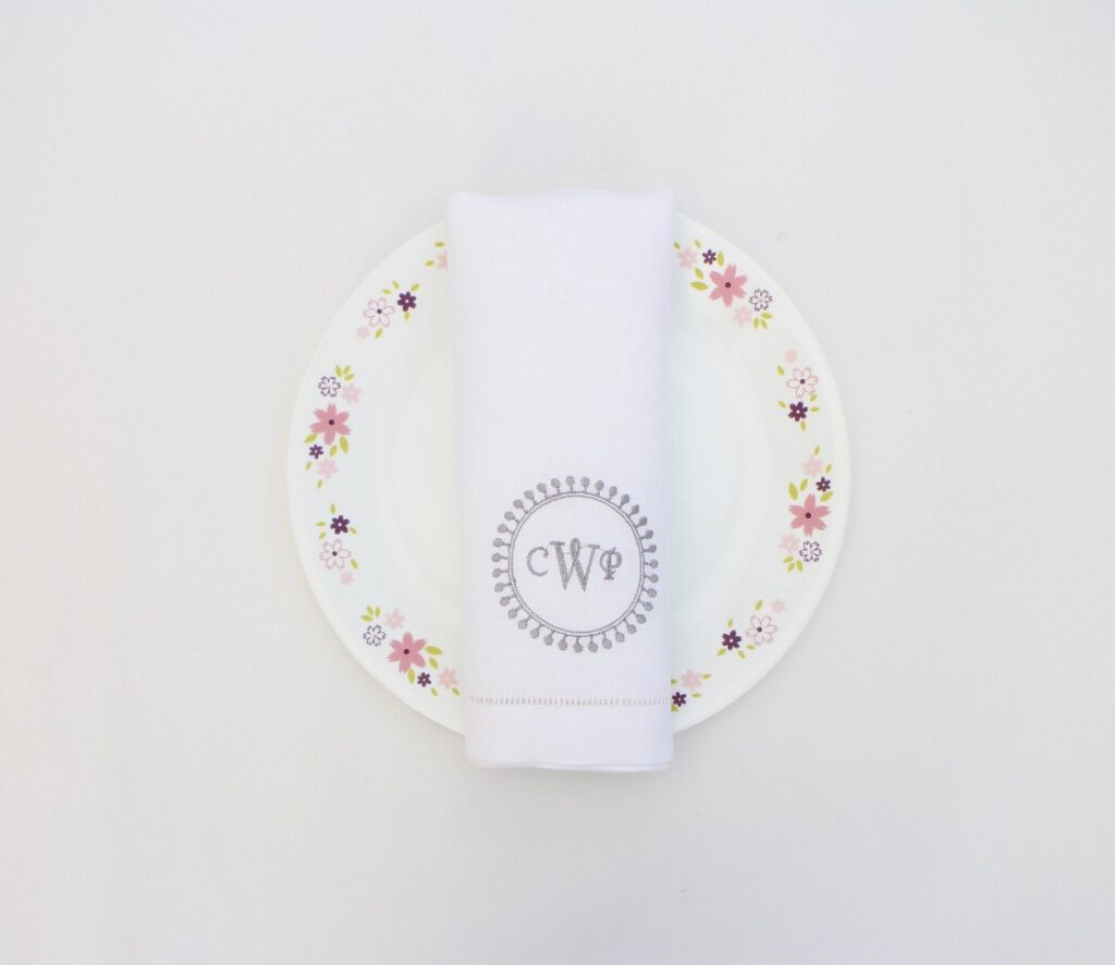 Monogram embroidered hemstitched dinner napkin