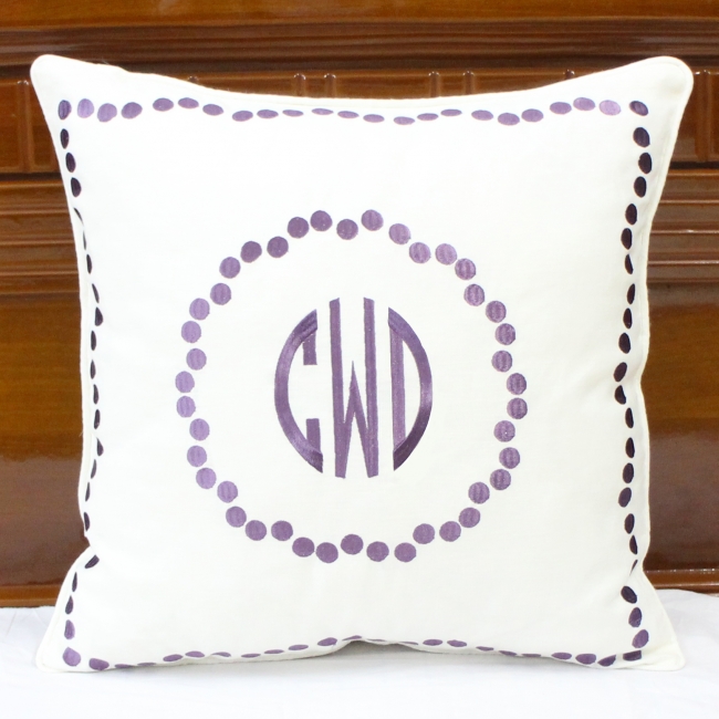 Purple polka dots monogram embroidered pillow,