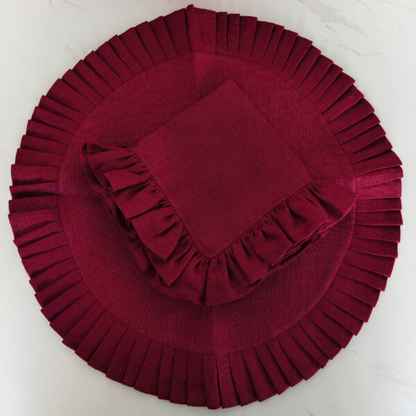 2025-09-16 10.05.55 Elegant Wine Red Linen Table Set - Pleated Round Placemat + Ruffle Napkin