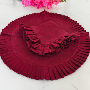 Elegant Wine Red Linen Table Set - Pleated Round Placemat + Ruffle Napkin