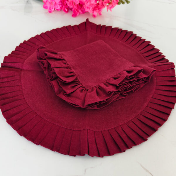 2025-09-16 10.06.04 Elegant Wine Red Linen Table Set - Pleated Round Placemat + Ruffle Napkin
