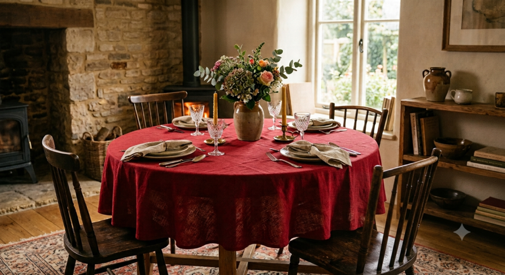 Cranberry Red Round Tablecloth - Textured Natural Linen-Look Table Cover