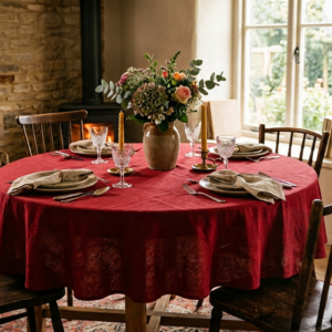 Cranberry Red Round Tablecloth - Textured Natural Linen-Look Table Cover