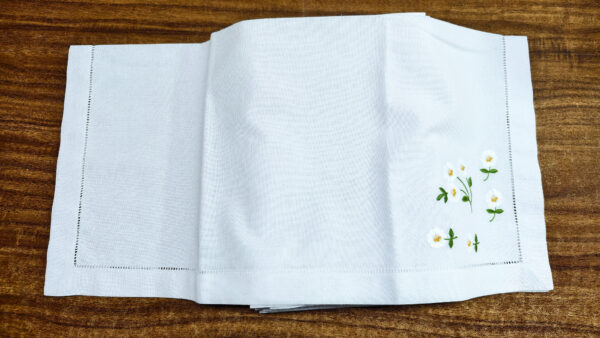 Bulk White Cotton Hemstitch Dinner Napkins with Floral Embroidery