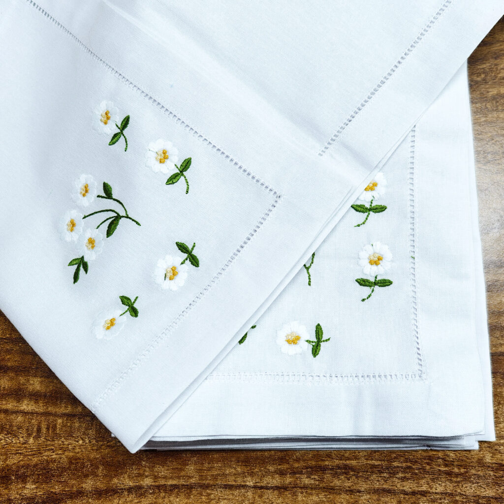 Bulk White Cotton Hemstitch Dinner Napkins with Floral Embroidery