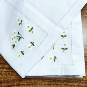 Bulk White Cotton Hemstitch Dinner Napkins with Floral Embroidery
