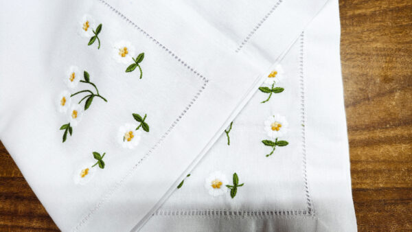 Bulk White Cotton Hemstitch Dinner Napkins with Floral Embroidery