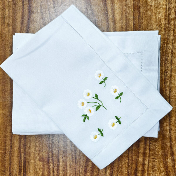 Bulk White Cotton Hemstitch Dinner Napkins with Floral Embroidery