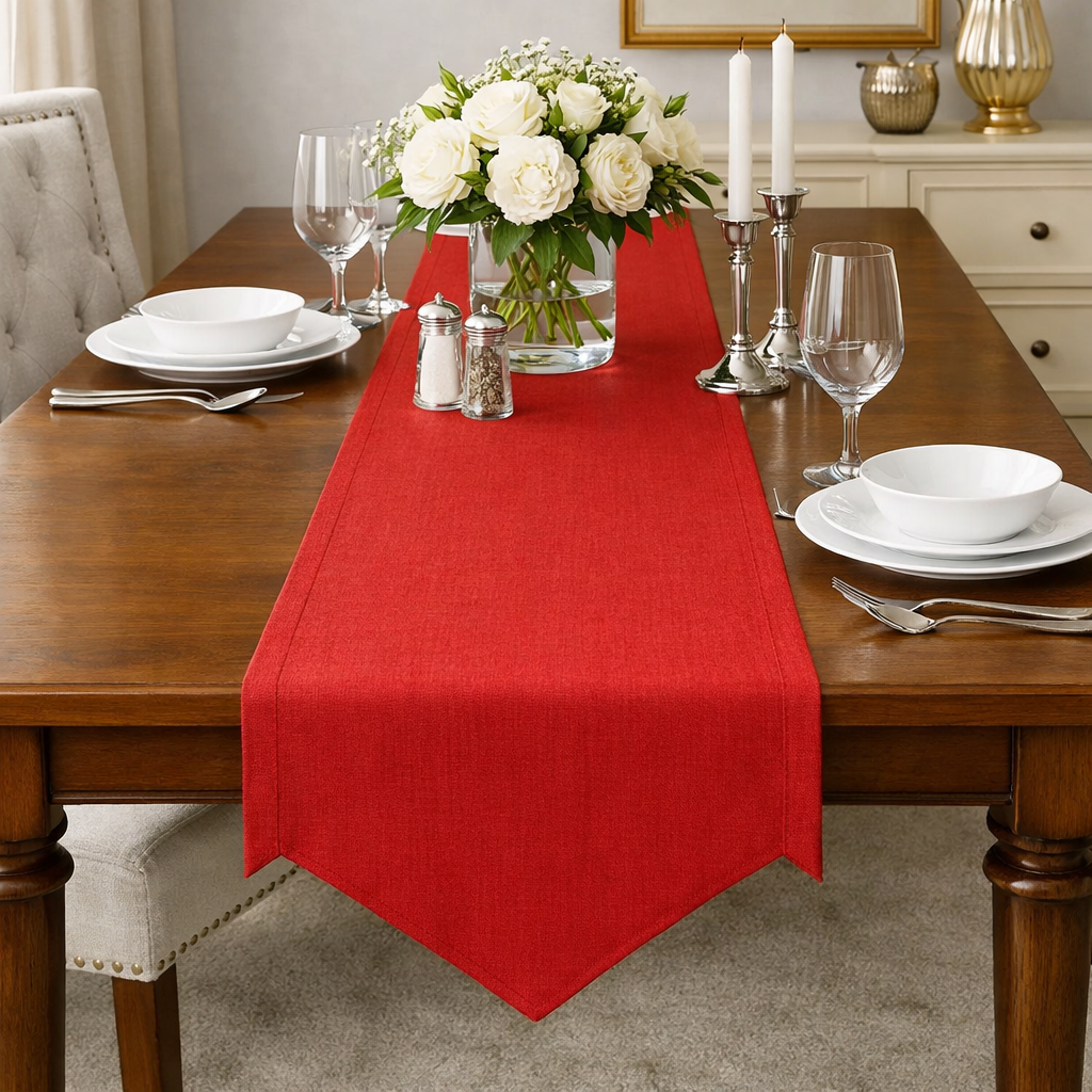 Red Linen Table Runner with Triangular Ends – Elegant Dining Accent