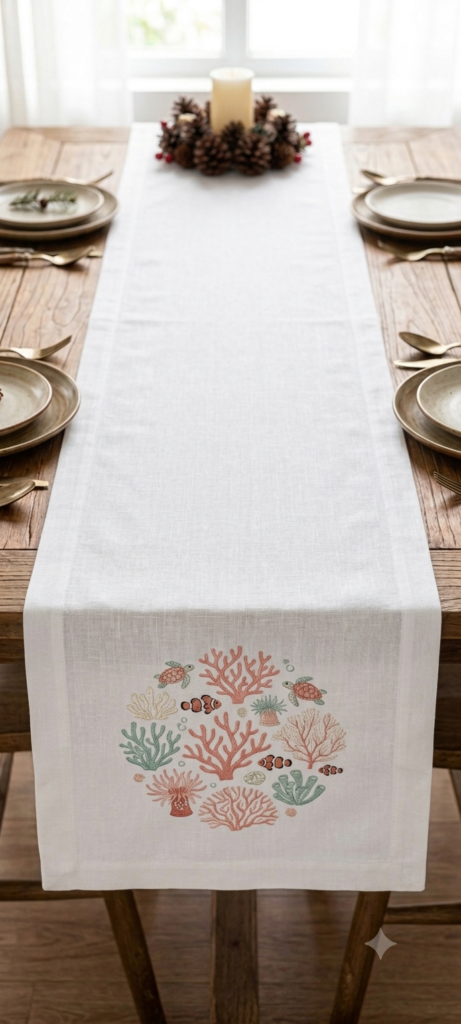 Embroidered Linen Table Runner, Coastal Ocean Coral Reef & Sea Turtle Design, Nautical Table Decor for Dining Room, Beach House Gift
