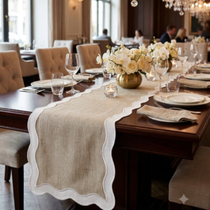 Scalloped Edge Burlap Table Runner, Natural Linen Jute Table Decor with White Wavy Border, Rustic Elegant Dining Setting for Wedding & Holiday