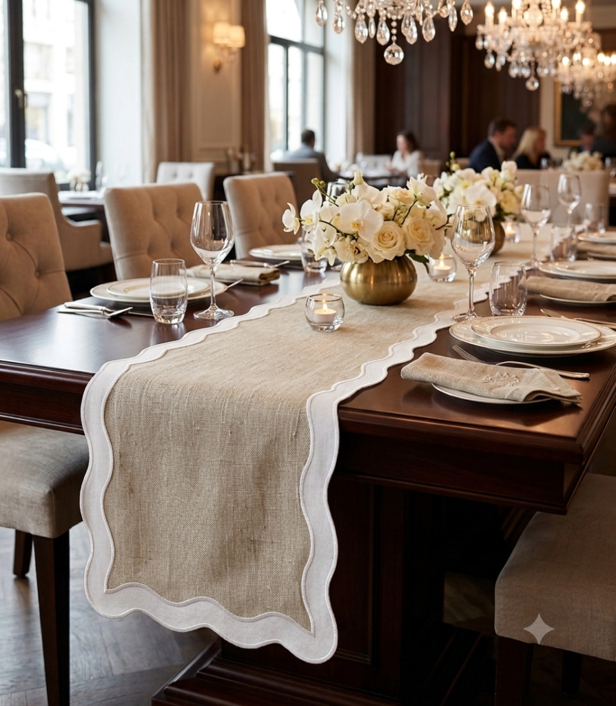 Scalloped Edge Burlap Table Runner, Natural Linen Jute Table Decor with White Wavy Border, Rustic Elegant Dining Setting for Wedding & Holiday