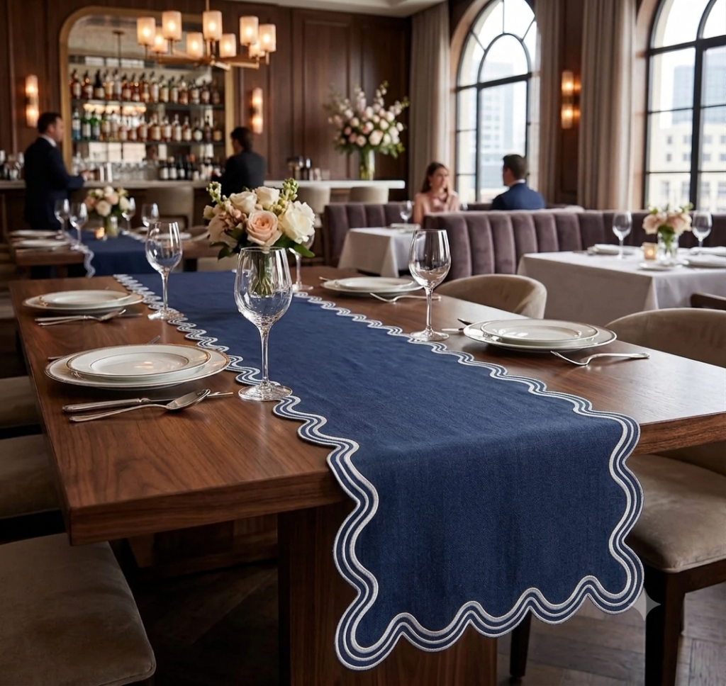 Navy Blue Linen Table Runner, Elegant Scalloped Edge Table Decor, Embroidered Wavy Trim Runner for Fine Dining, Luxury Wedding & Banquet Setting