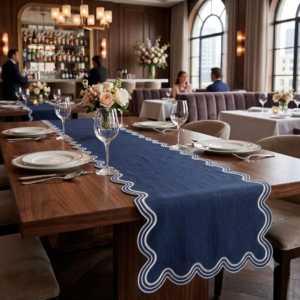 Navy Blue Linen Table Runner, Elegant Scalloped Edge Table Decor, Embroidered Wavy Trim Runner for Fine Dining, Luxury Wedding & Banquet Setting