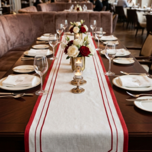 Luxury Linen Table Runner with Red Double Border, Elegant V-Shaped End Dining Decor, Classic Holiday & Christmas Table Setting, Fine Dining Table Accent