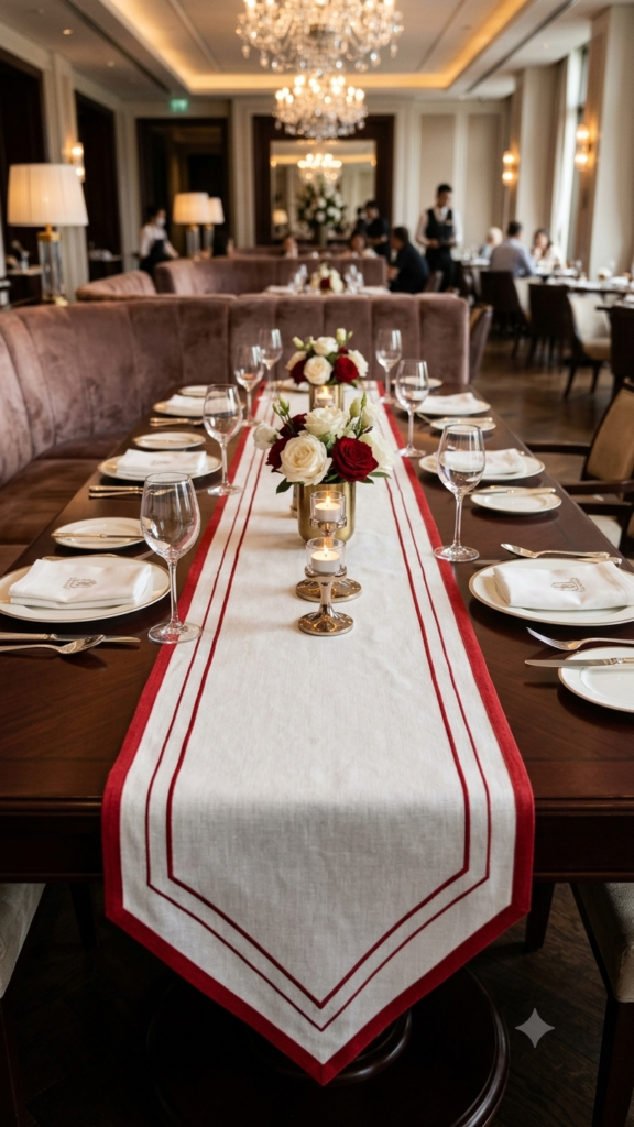 Luxury Linen Table Runner with Red Double Border, Elegant V-Shaped End Dining Decor, Classic Holiday & Christmas Table Setting, Fine Dining Table Accent