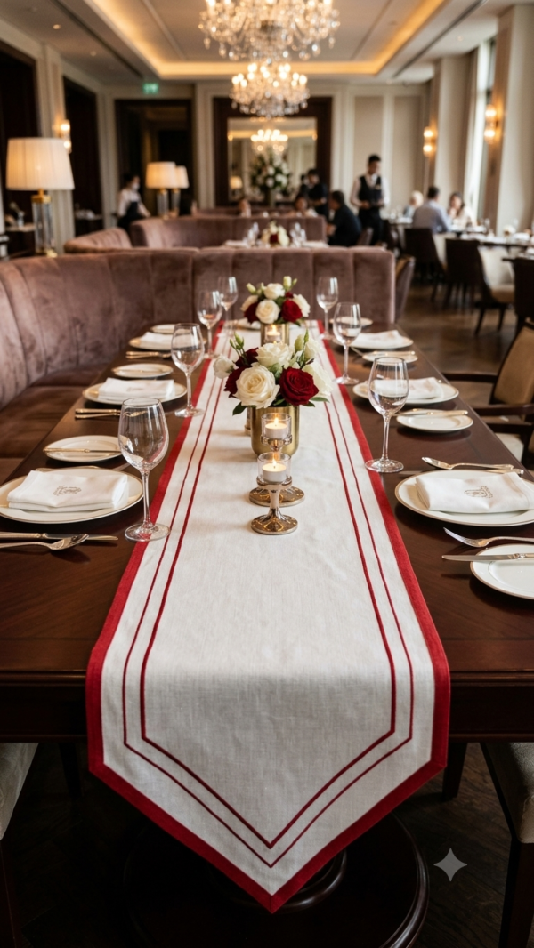 Gemini_Generated_Image_si85misi85misi85 Luxury Linen Table Runner with Red Double Border, Elegant V-Shaped End Dining Decor, Classic Holiday & Christmas Table Setting, Fine Dining Table Accent