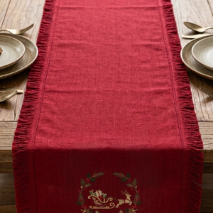 Embroidered Christmas Linen Table Runner, Red Holiday Table Decor with Fringed Edges, Sleigh and Reindeer Winter Dining Accent, Festive Gift