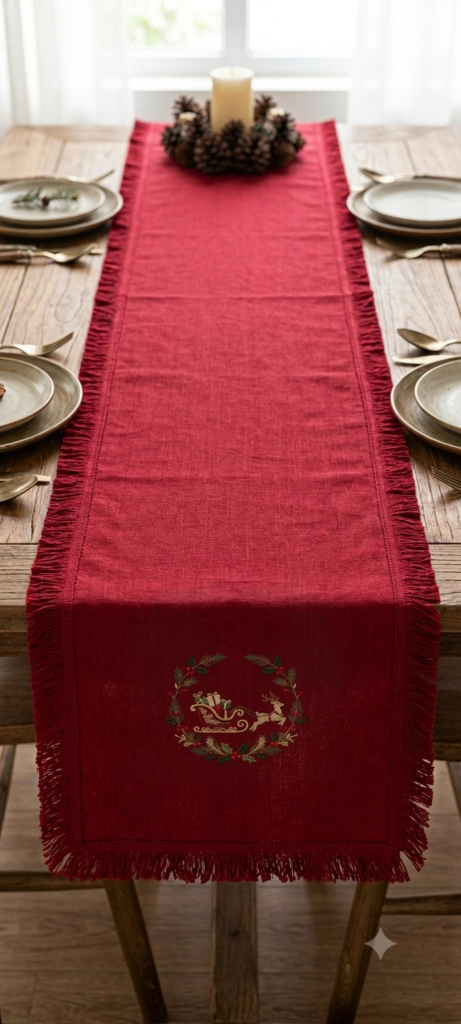 Embroidered Christmas Linen Table Runner, Red Holiday Table Decor with Fringed Edges, Sleigh and Reindeer Winter Dining Accent, Festive Gift