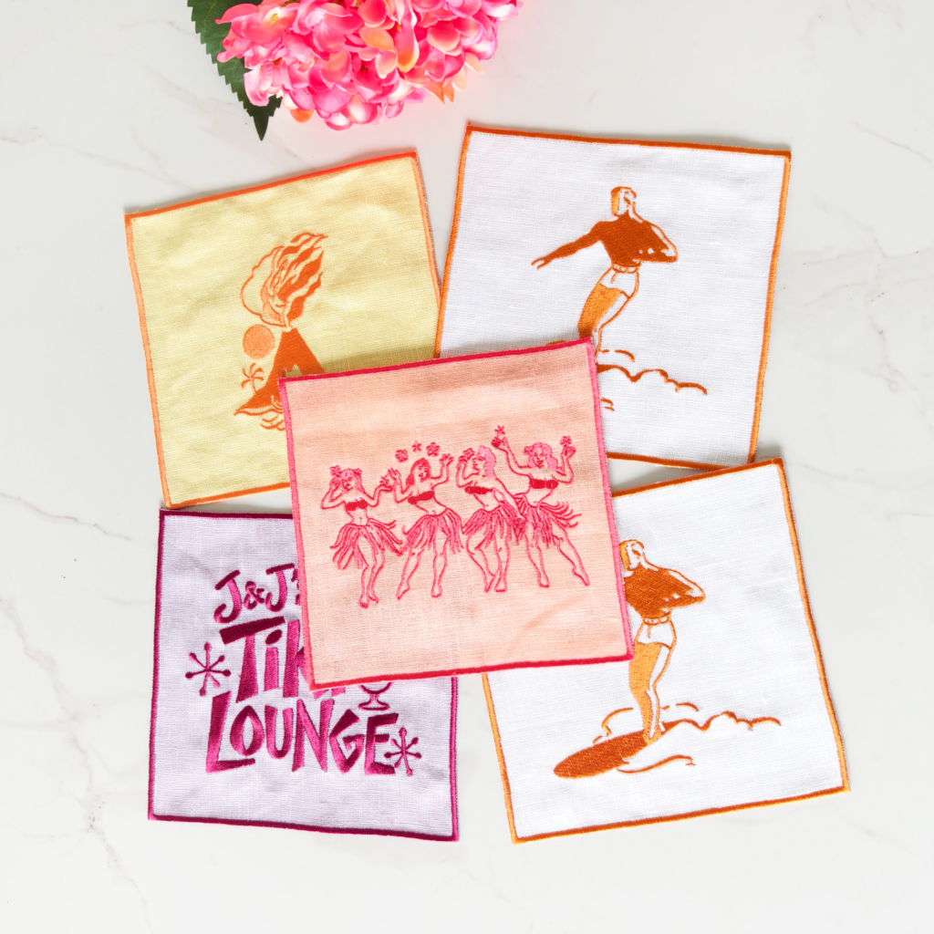 Vintage Tropical Tiki Lounge Embroidered Cocktail Napkins Set – Assorted Retro Surfer & Hula Dancer Fabric Drink Coasters
